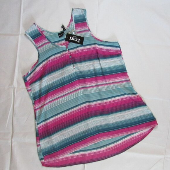 Cruel Denim Women's Henley Hi Low Striped Pleated Yoke Tank Top - Picture 1 of 3